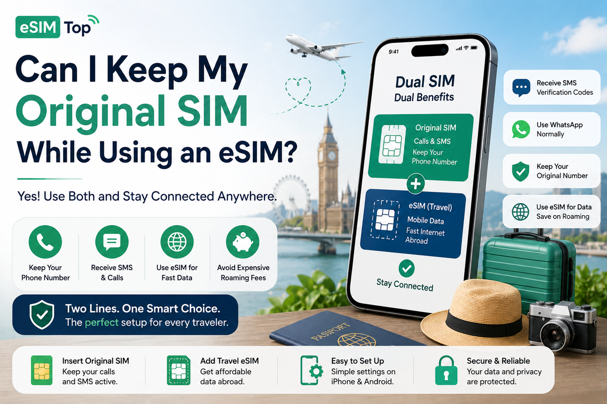 Dual SIM travel setup showing how to keep your original SIM card while using a travel eSIM for mobile data, WhatsApp, SMS verification codes, and international travel connectivity.