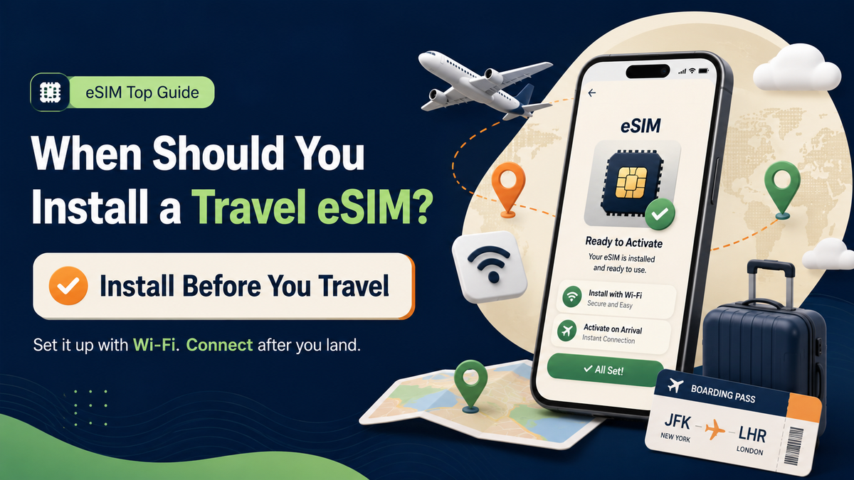 Travel eSIM setup guide banner showing a smartphone with eSIM activation, airplane, map pins, Wi-Fi icon, suitcase, and the message “Install Before You Travel.”