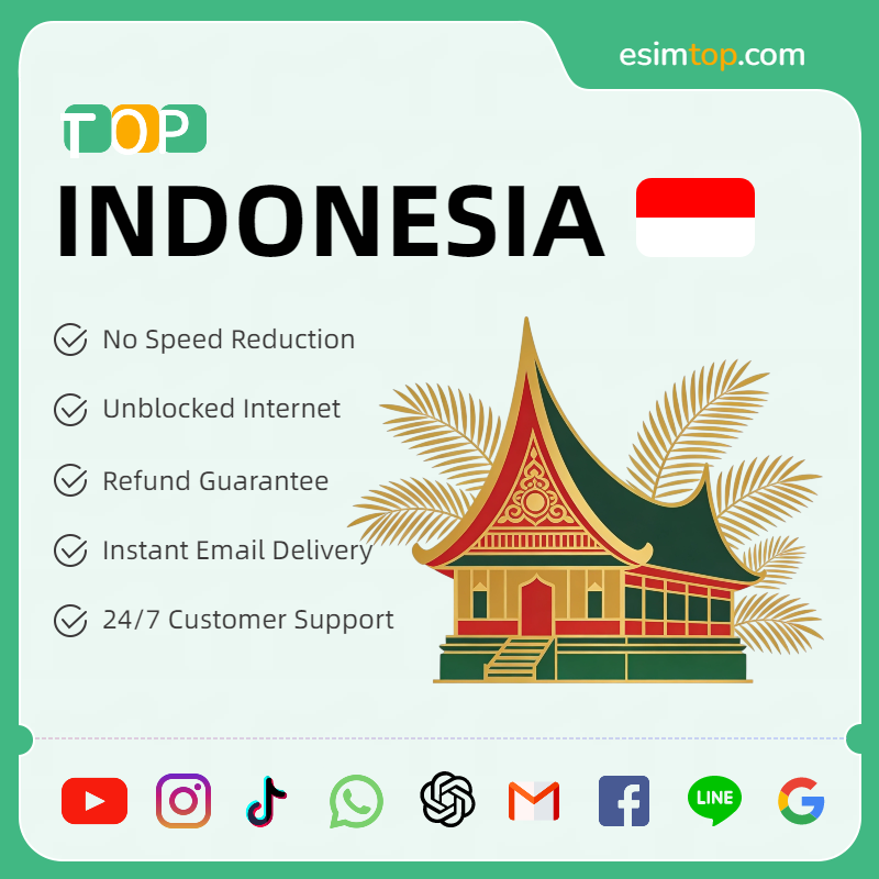 Advertisement for Indonesia internet services with a traditional building illustration and list of features.