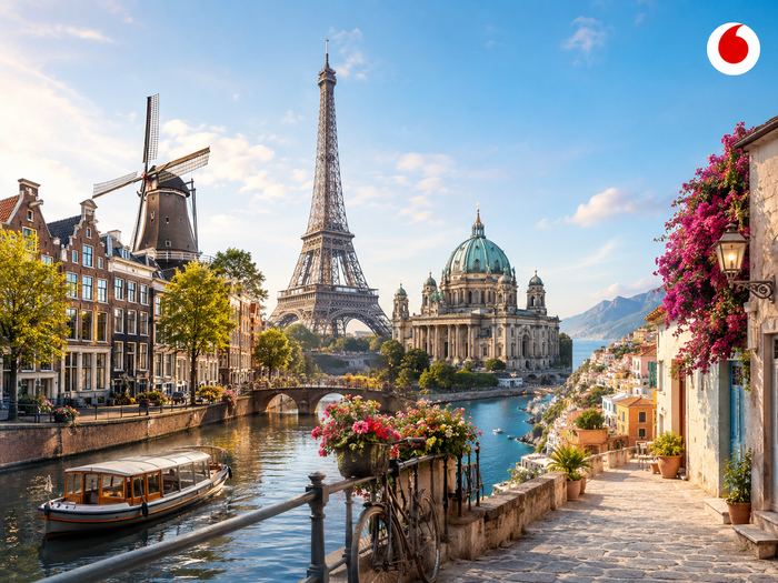 Vodafone Travel Europe eSIM plan with mobile data and EU calling minutes across 43 destination