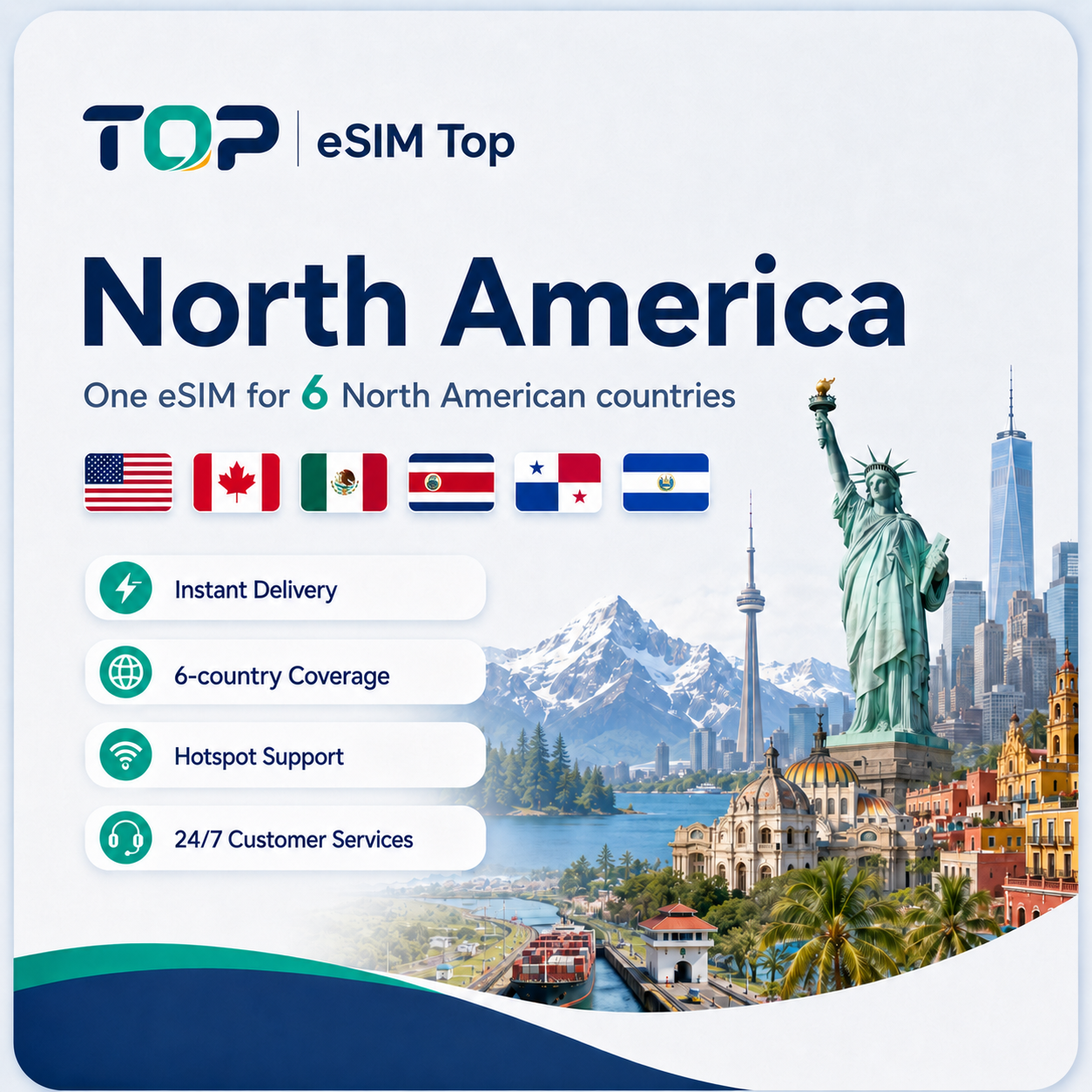 North America 6 Countries eSIM data plans with instant delivery and reliable local network coverage